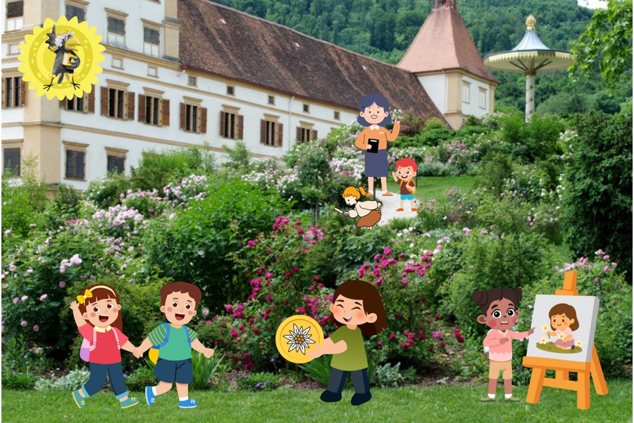 Rosenhügel in Schloss Eggenberg mit graphischen Darstellungen von Erwachsenen und Kindern